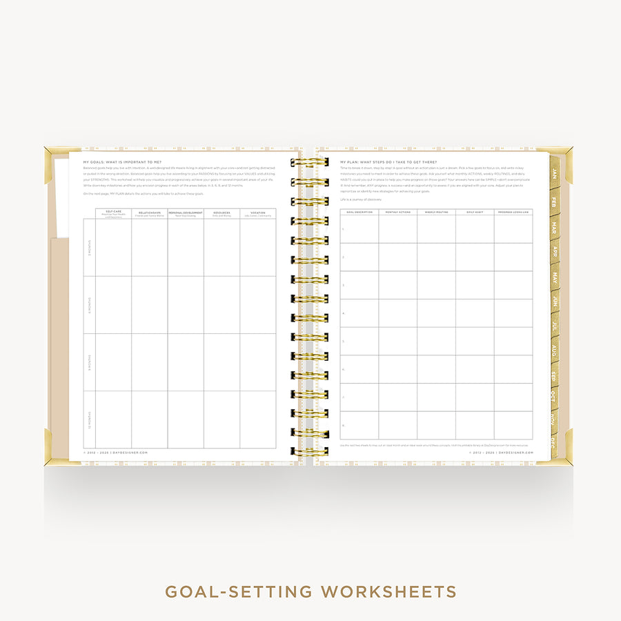An open spiral-bound planner or notebook showing two pages of goal-setting worksheets, with a gold ring binder and gold corner accents on a light gray background. Text below reads 'GOAL-SETTING WORKSHEETS'.