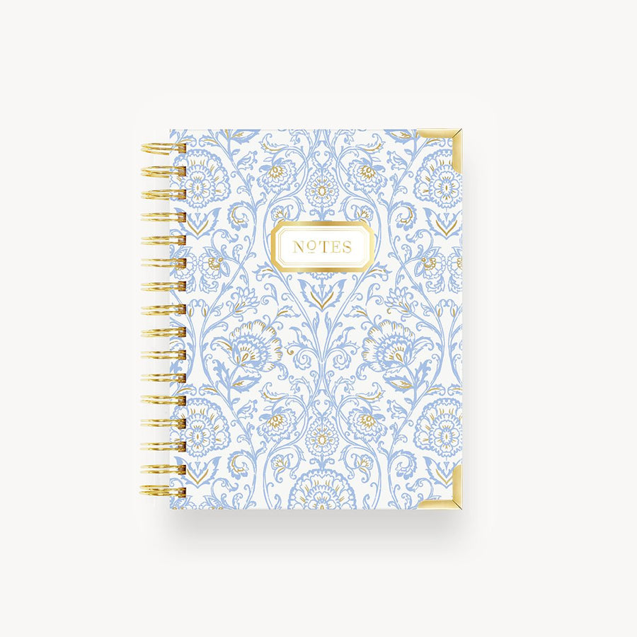 light blue and gold repeated classic patterned mini notebook, gold binding, notes title