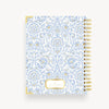 back of light blue and gold classic pattern notebook, gold binding