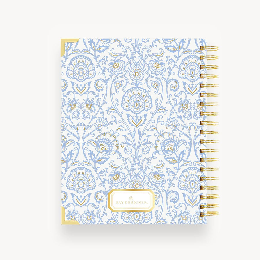 back of light blue and gold classic pattern notebook, gold binding