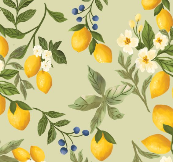 Pattern of lemons, leaves, and flowers on a light green background