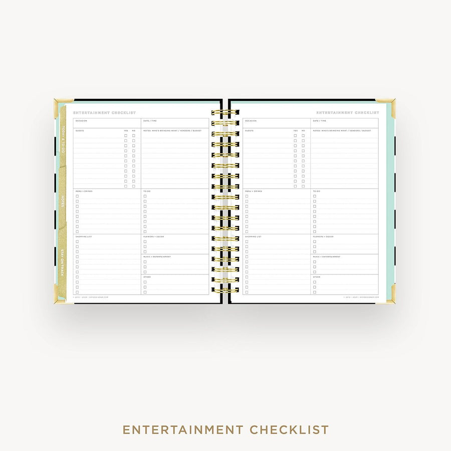 Day Designer 2026-27 weekly planner: Black Stripe cover with entertainment party planner