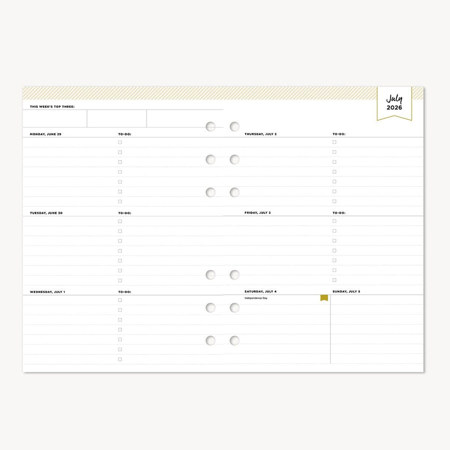 Weekly planner with tasks for July 2026 on a white background