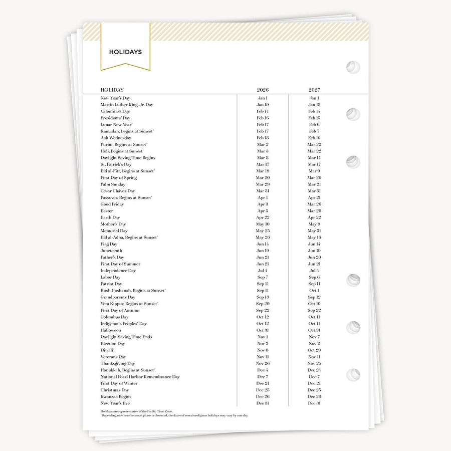 Holidays checklist with dates on a white background