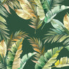 green and gold tropical leaves on dark green background