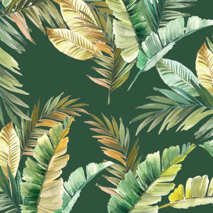 green and gold tropical leaves on dark green background