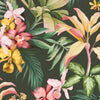 Tropical floral pattern with pink, yellow, and green flowers on a dark background