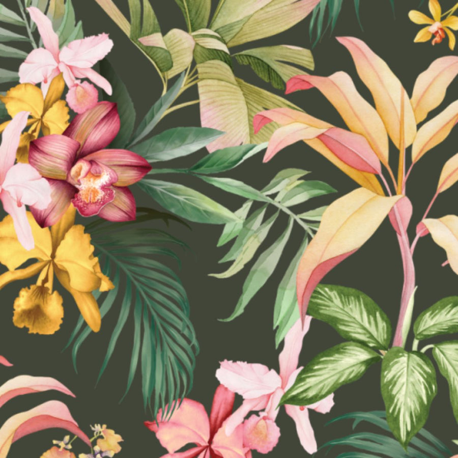 Tropical floral pattern with pink, yellow, and green flowers on a dark background
