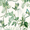 vintage garden design with green and ivory colors, including floral patterns and birds.