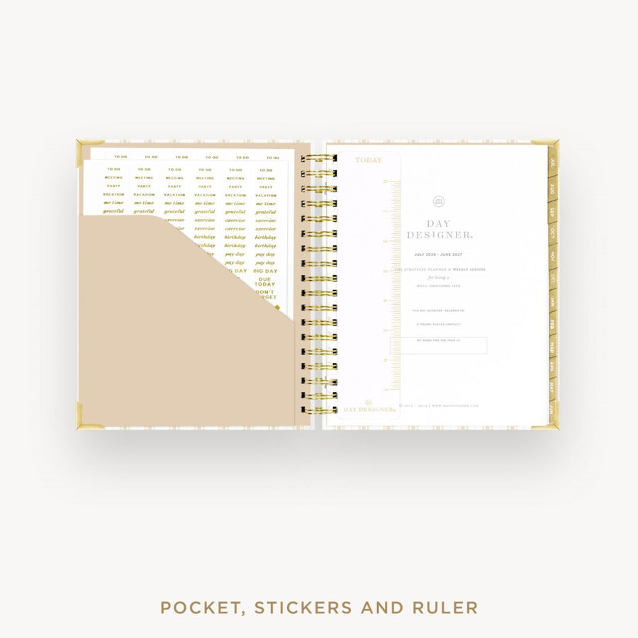 Day Designer 2026-27 weekly planner: Ticking Stripe cover with pocket and gold stickers