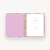 open notebook, lilac liner, gold binding, day designer title page