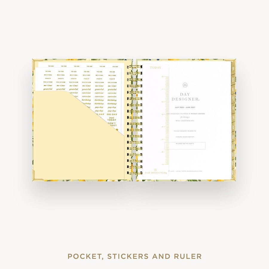 Day Designer 2026-27 weekly planner: Lemon Floral Sage cover with pocket and gold stickers