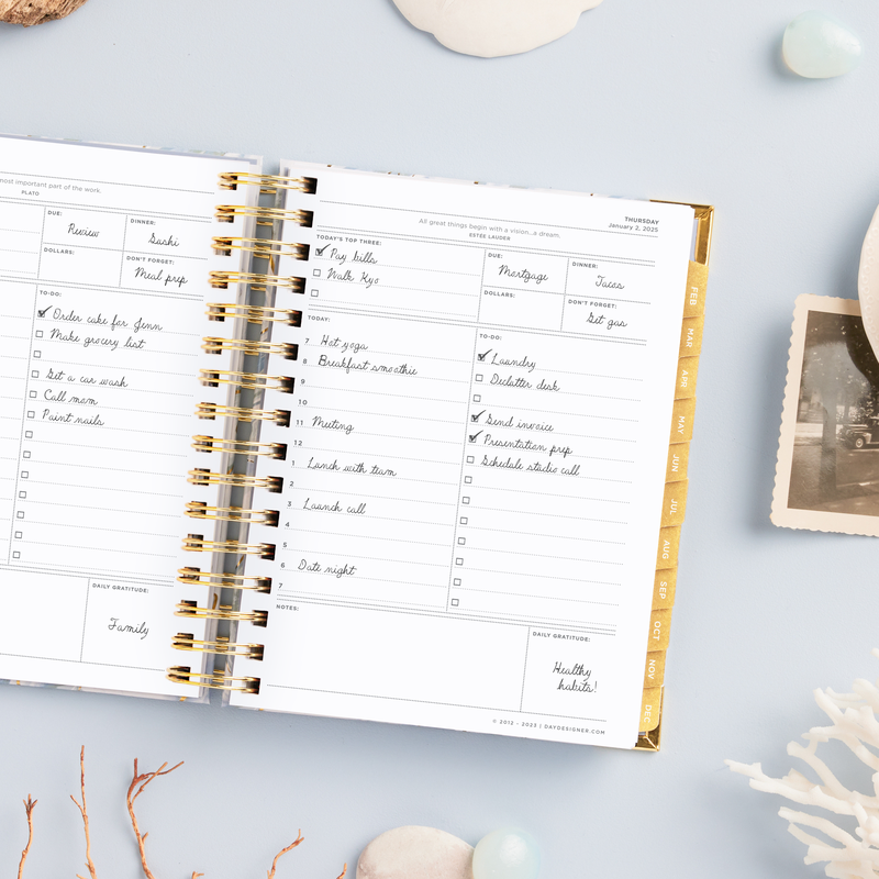 Day Designer 2025 mini daily planner: Azure opened with writing on it