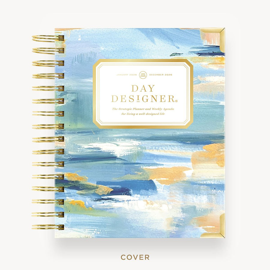 Day Designer 2026 mini weekly planner: sea and sky hard cover, gold wire binding