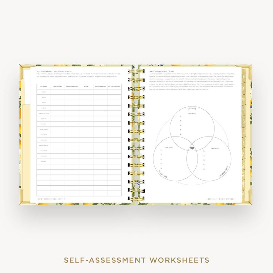 Day Designer 2026-27 mini weekly planner: Lemon Floral Sage cover with self assessment worksheet