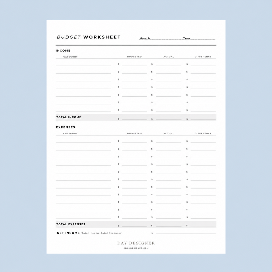 budget worksheet with income and expenses fields on a light blue background