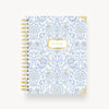 light blue and gold repeated classic patterned notebook, gold binding