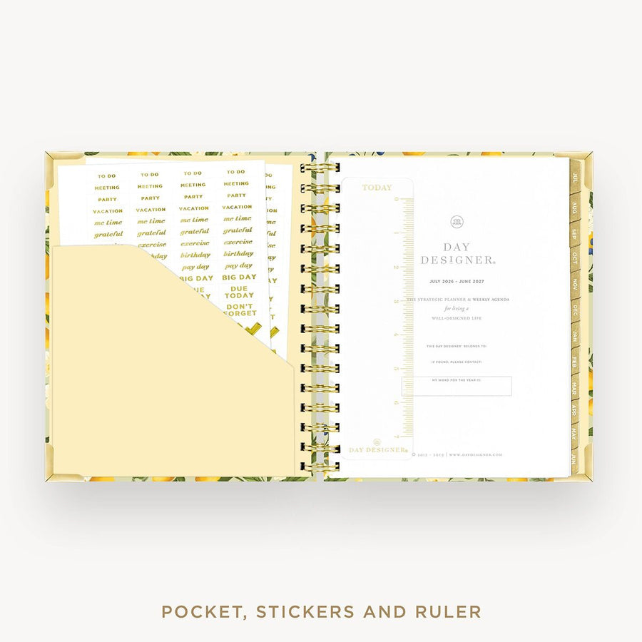 Day Designer 2026-27 mini weekly planner: Lemon Floral Sage cover with pocket and gold stickers