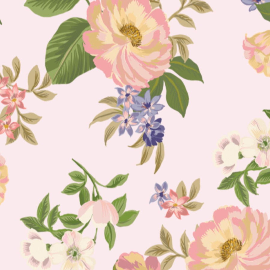 Floral pattern with pink and yellow flowers on a light pink background