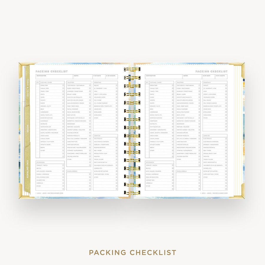 Day Designer 2026 mini weekly planner: sea and sky cover with packing checklist