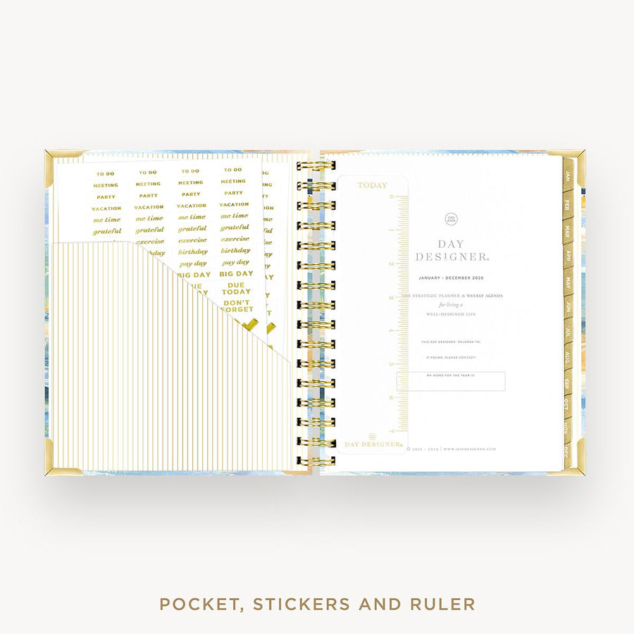 Day Designer 2026 mini weekly planner: sea and sky cover with pocket and gold stickers