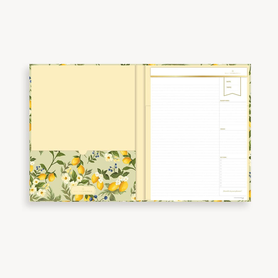 Notebook with floral lemon design on a white background