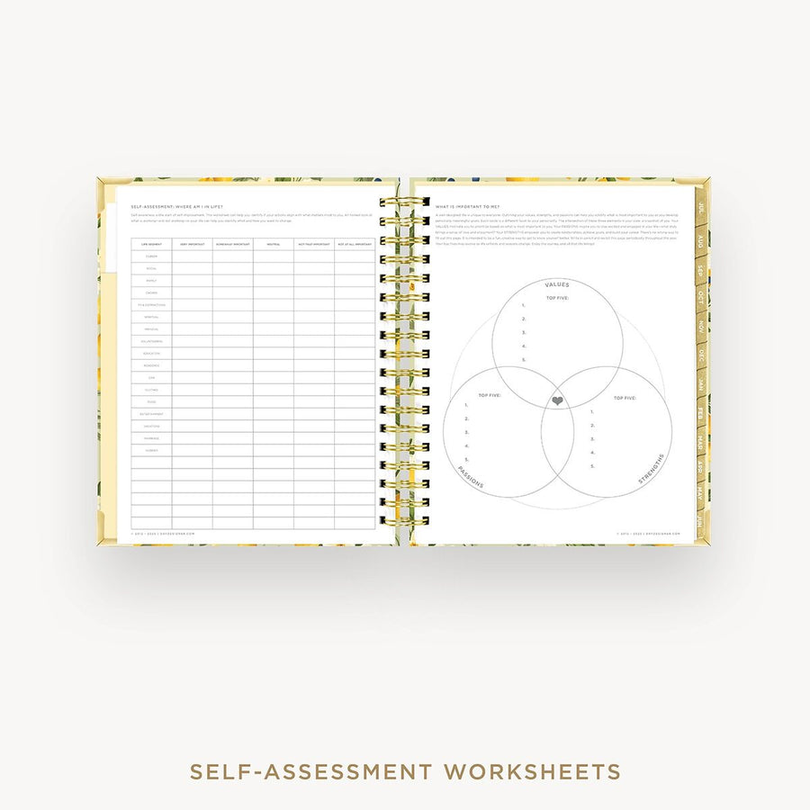 Day Designer 2026-27 weekly planner: Lemon Floral Sage cover with self assessment worksheet