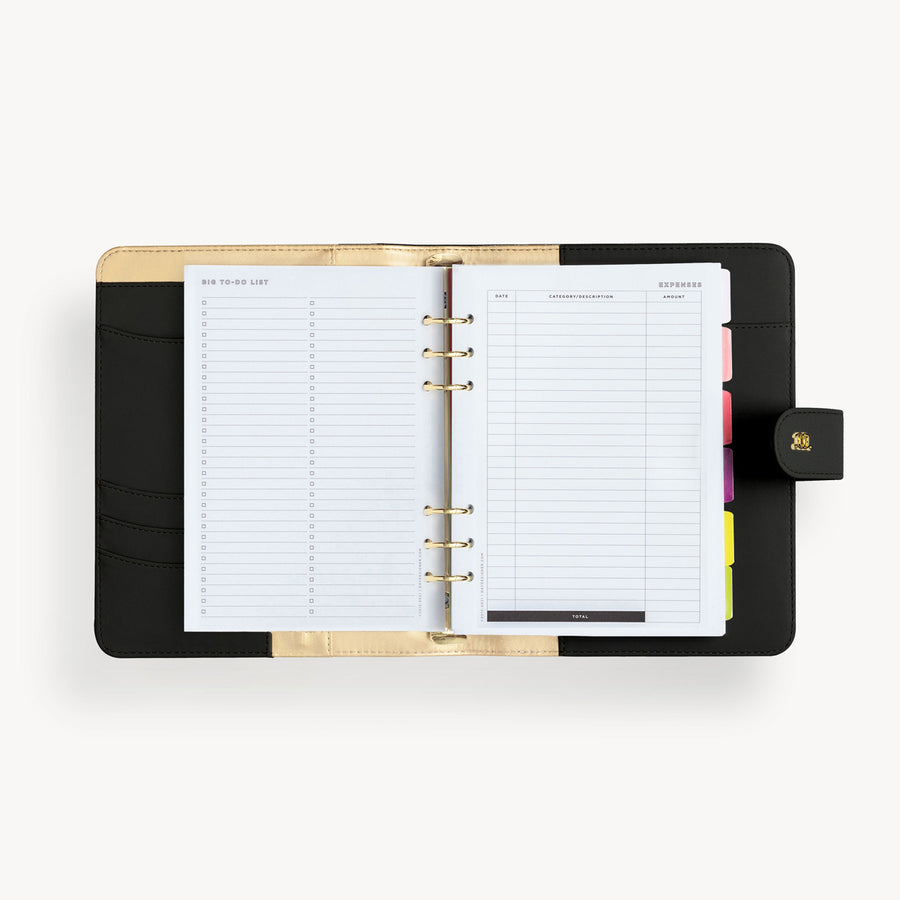 open A5 black binder with big to do list and expenses pages