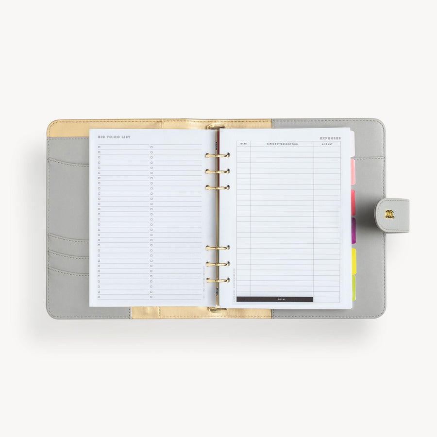 open gray A5 binder with big to do list and expenses pages, snap closure and gold day designer logo