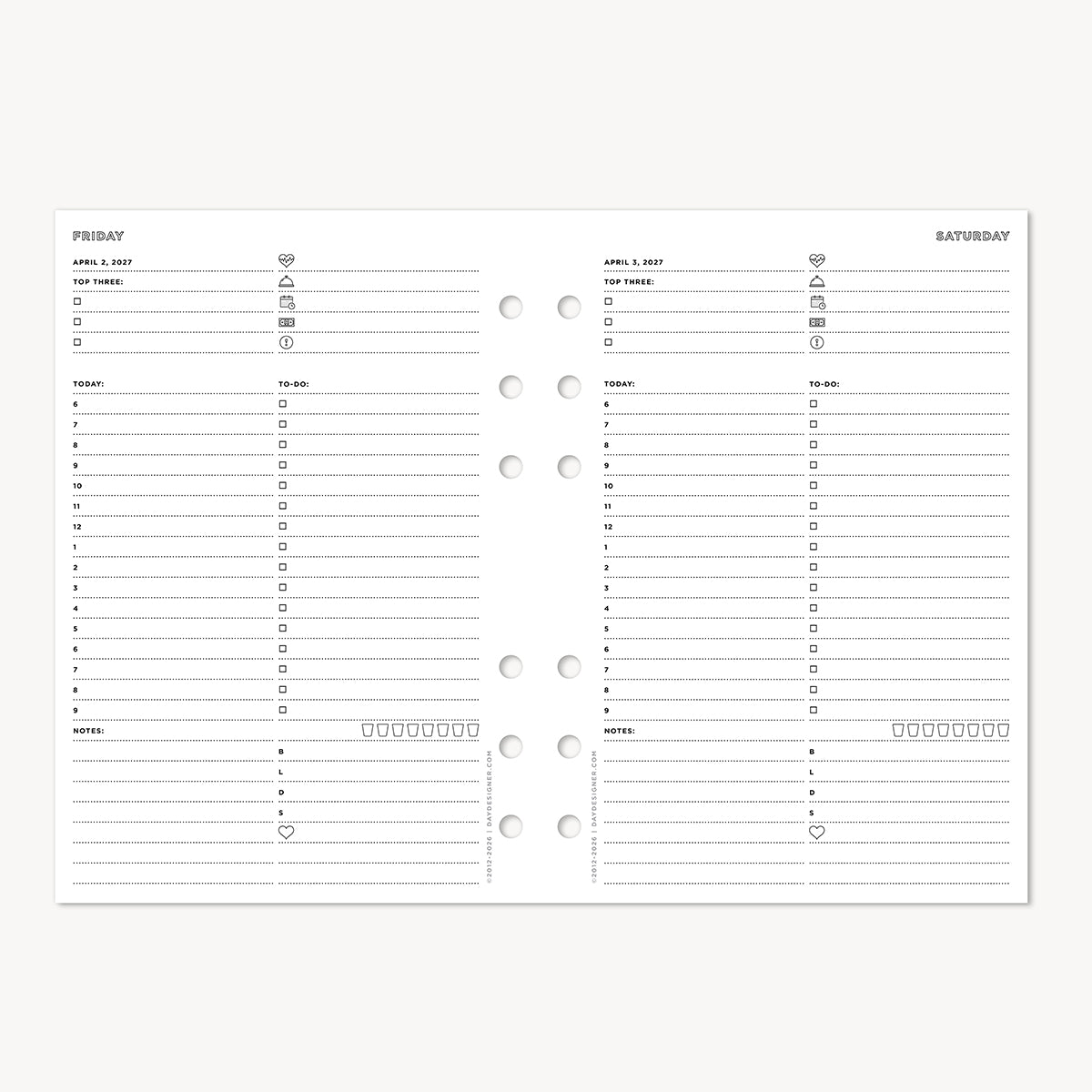A5 Quarterly Planner Inserts: Dated Day on One Page (Q2 2027: April - June 2027)