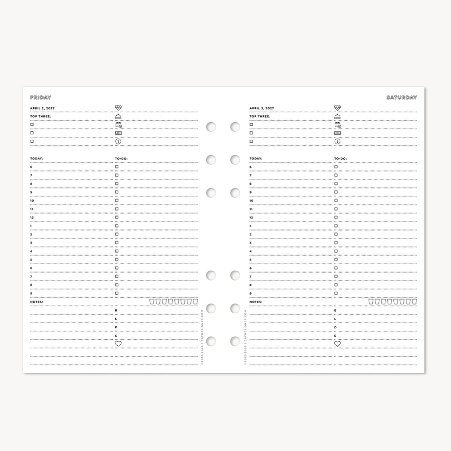 A5 Quarterly Planner Inserts: Dated Day on One Page (Q2 2027: April - June 2027)