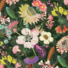 alexandra pattern, pink, yellow, purple, orange, and white floral garden on dark green background