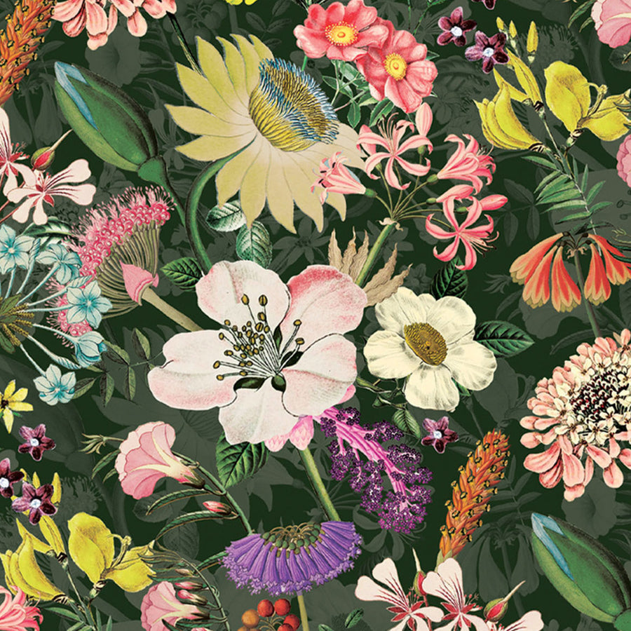 alexandra pattern, pink, yellow, purple, orange, and white floral garden on dark green background