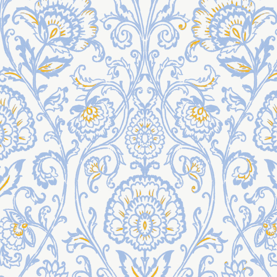 alicia pattern, blue and gold repeated pattern on white background