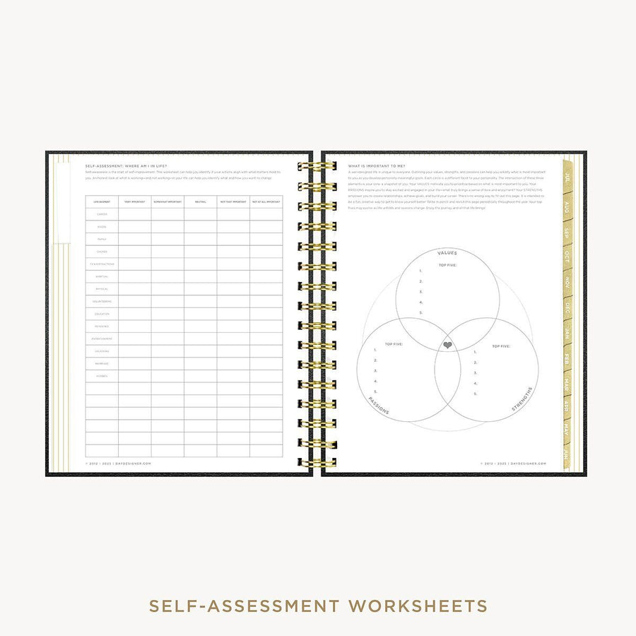 Day Designer 2026-27 mini weekly planner: Classic Black Pebble Texture cover with self assessment worksheet
