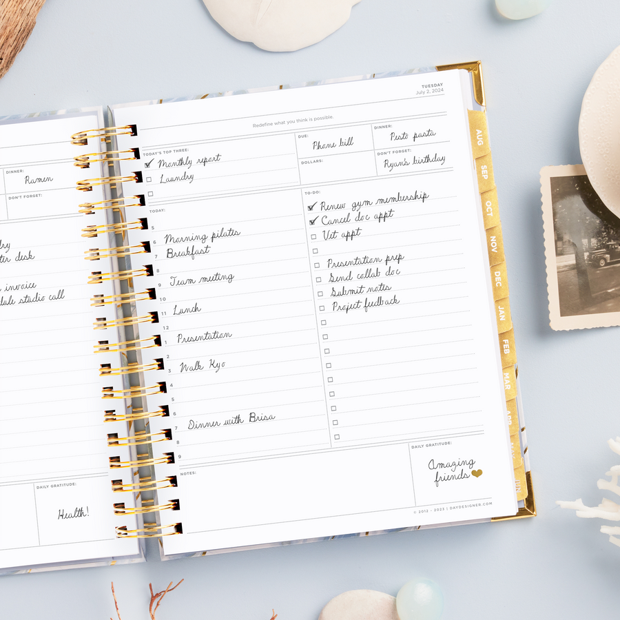 Day Designer 2024-2025 daily planner: Azure opened with writing on it