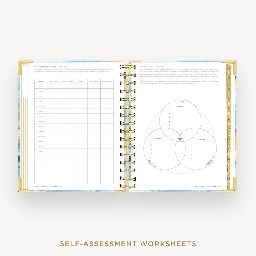 Day Designer 2026 mini weekly planner: sea and sky cover with self assessment worksheet