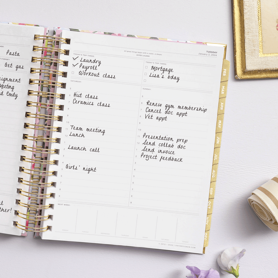 Day Designer 2024 daily planner: Blurred Spring opened with writing on it