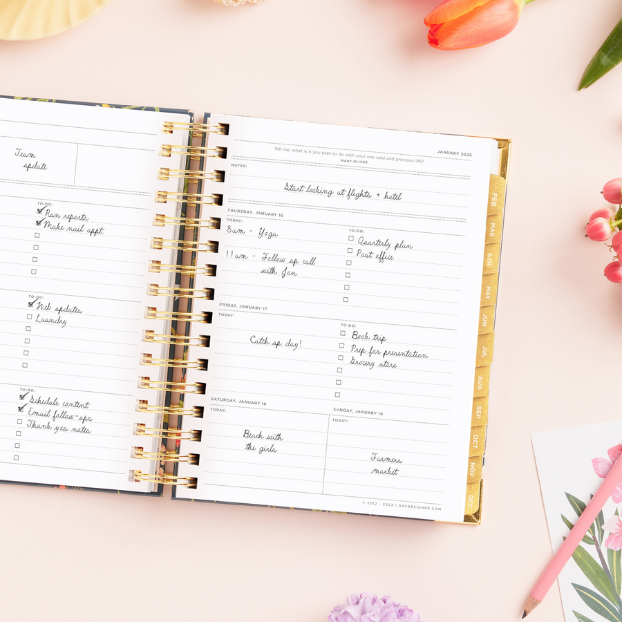 Day Designer 2025 mini weekly planner: Fresh Sprigs opened with writing on it