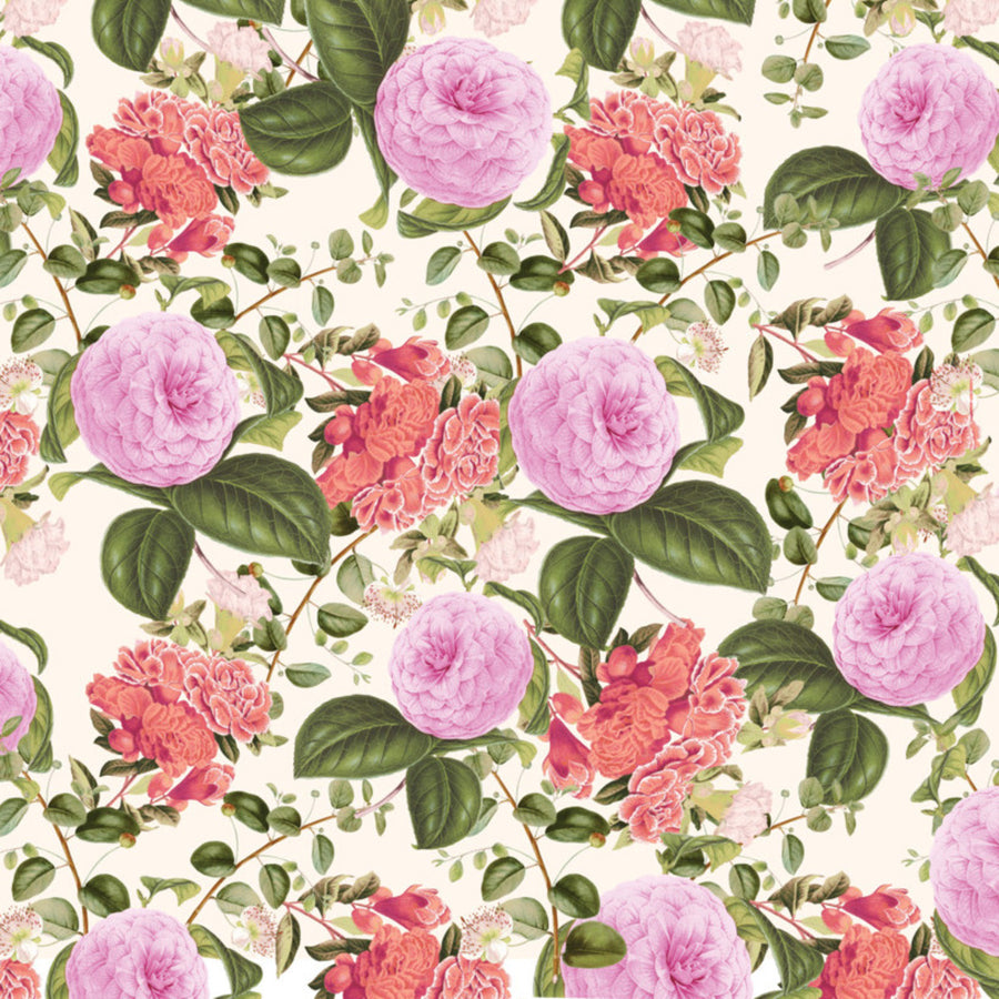 pretty pink flowers, green leaves on beige background