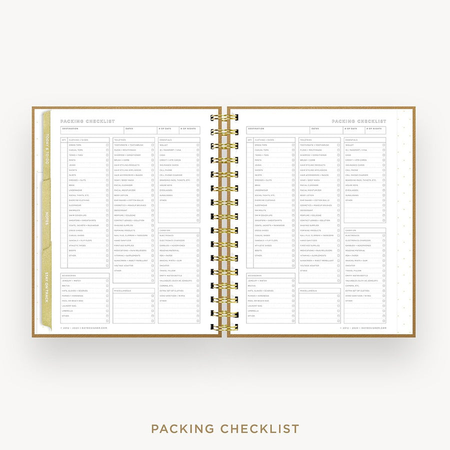 Day Designer 2026-27 mini weekly planner: Caramel Latte cover with packing checklist