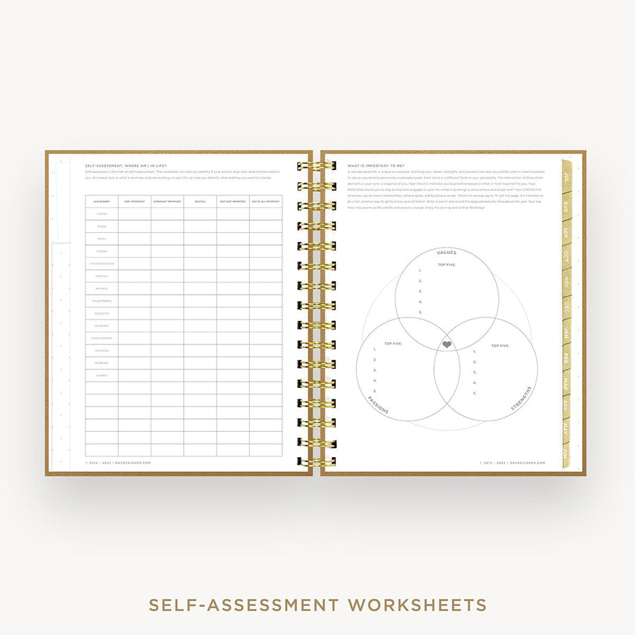 Day Designer 2026-27 mini weekly planner: Caramel Latte cover with self assessment worksheet