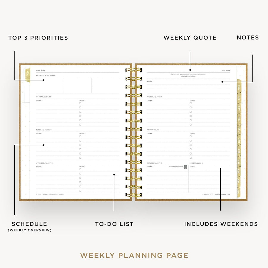 Day Designer 2026-27 mini weekly planner: Caramel Latte opened with captions of contents