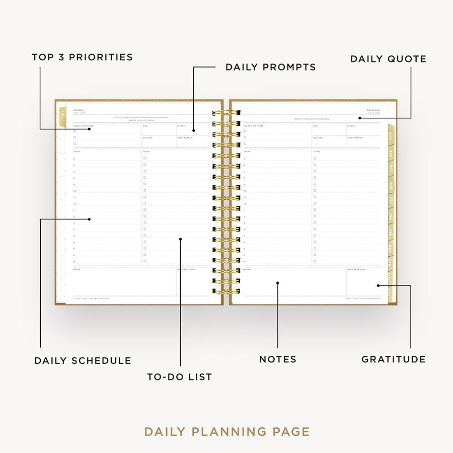 Day Designer 2025-26 daily planner: Caramel Latte opened with captions of contents