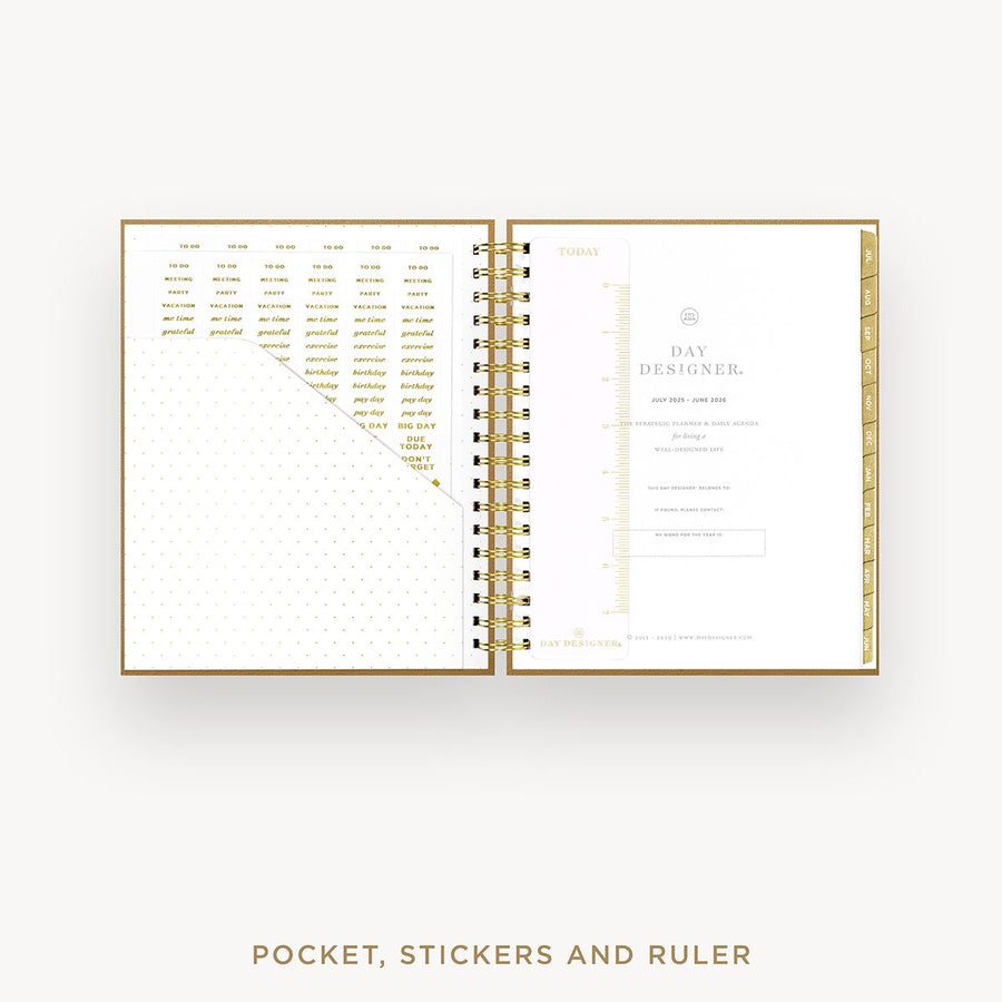 Day Designer 2025-26 daily planner: Caramel Latte cover with pocket and gold stickers