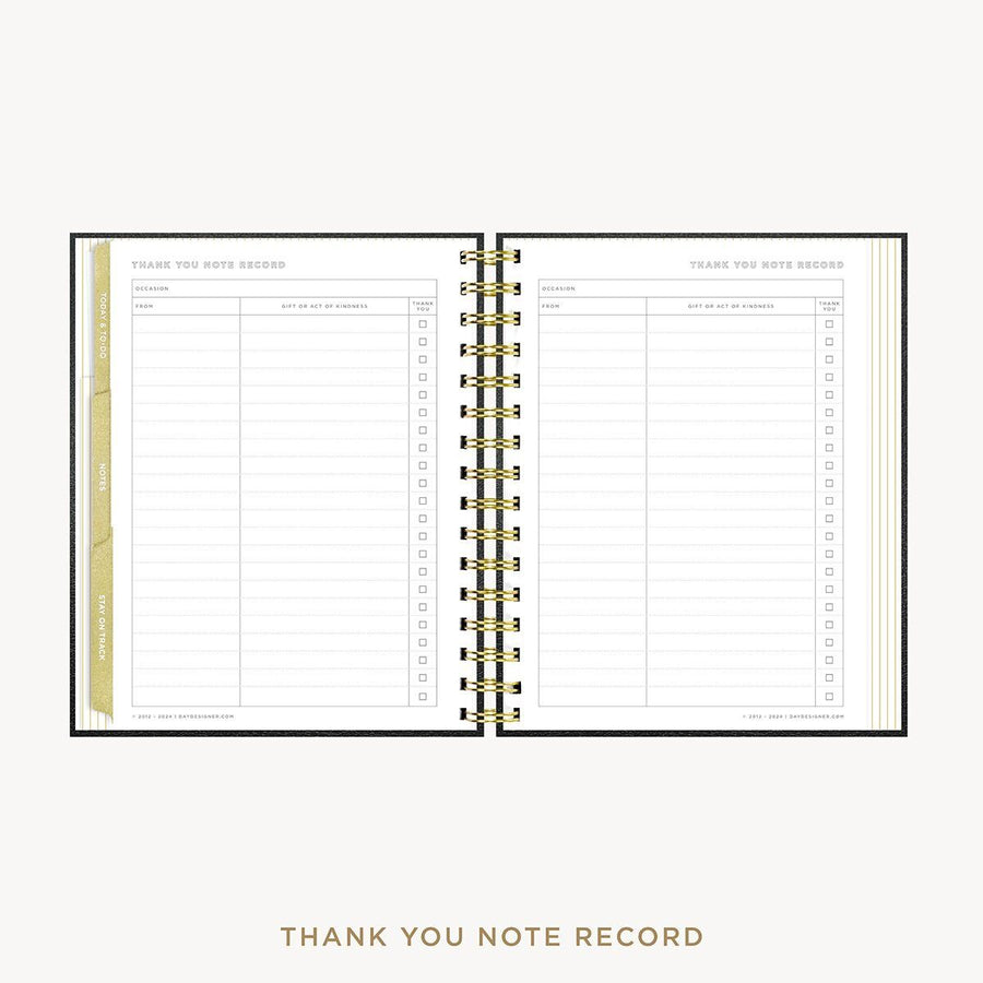 Day Designer 2026-27 mini weekly planner: Classic Black Pebble Texture cover with thank you notes pages