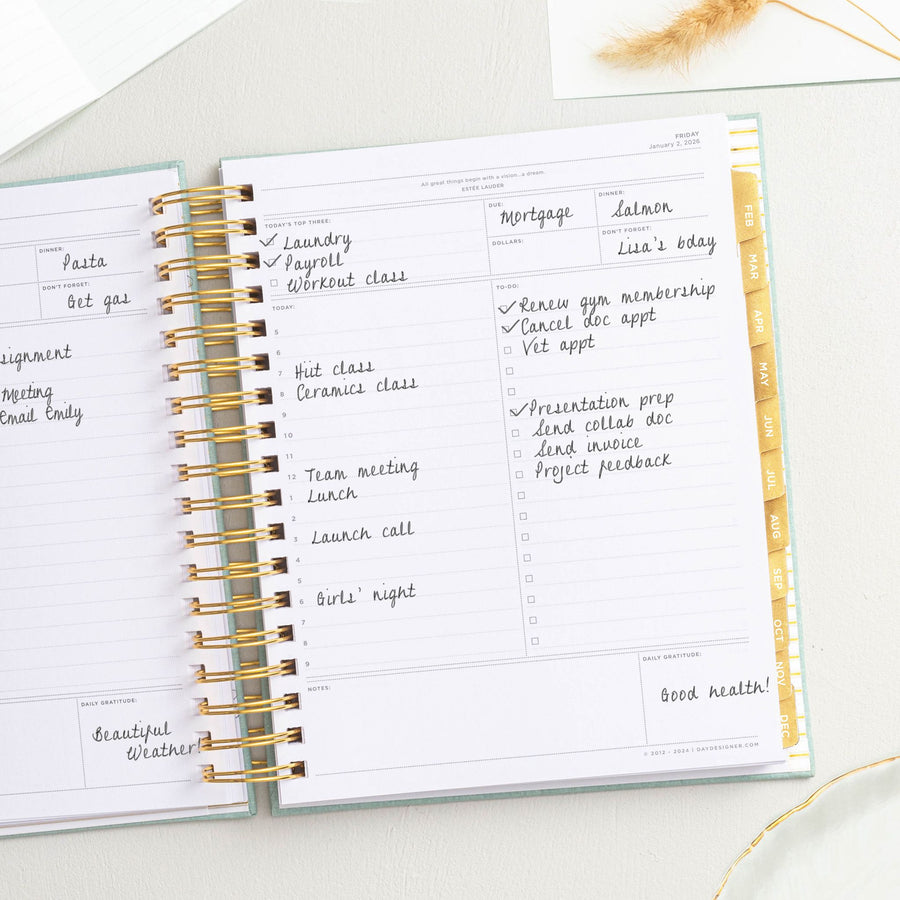 Day Designer 2026 daily planner: sage bookcloth opened with writing on it