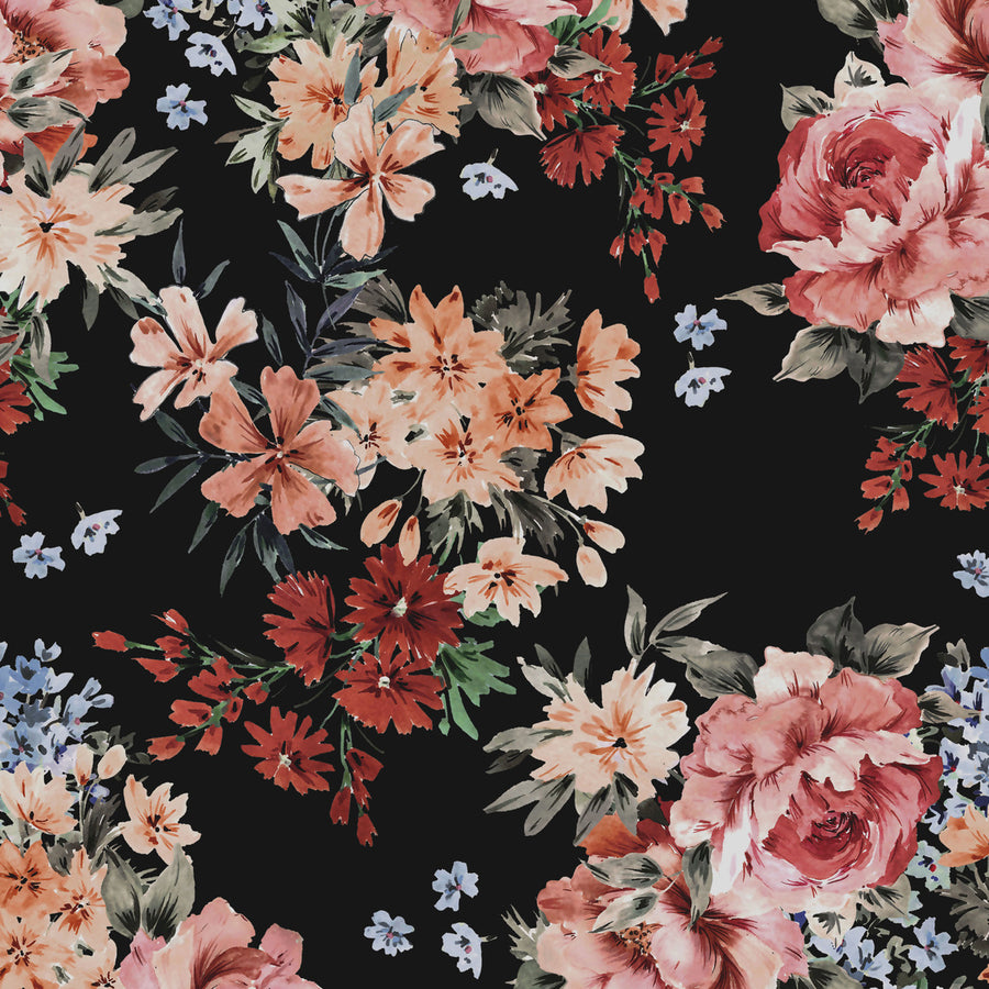 pink, peach, red, and blue flowers on black background