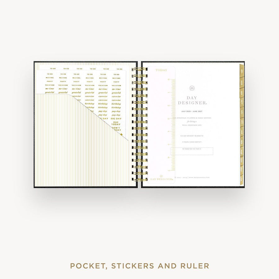 Day Designer 2026-27 daily planner: Classic Black Pebble Texture cover with pocket and gold stickers