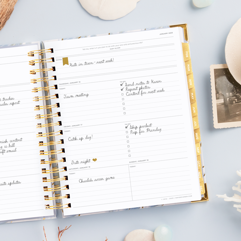 Day Designer 2025 weekly planner: Azure opened with writing on it